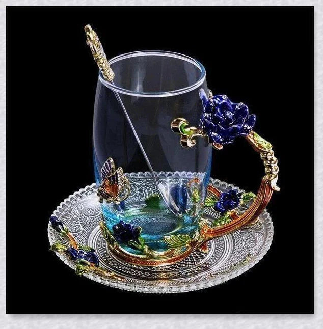 Handmade enamel mug or teacup with beautiful butterfly and rose designs, available in various styles