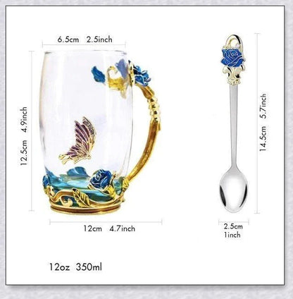 Handmade enamel mug or teacup with beautiful butterfly and rose designs, available in various styles