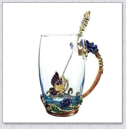 Handmade enamel mug or teacup with beautiful butterfly and rose designs, available in various styles