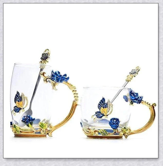 Handmade enamel mug or teacup with beautiful butterfly and rose designs, available in various styles