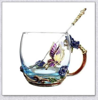 Handmade enamel mug or teacup with beautiful butterfly and rose designs, available in various styles