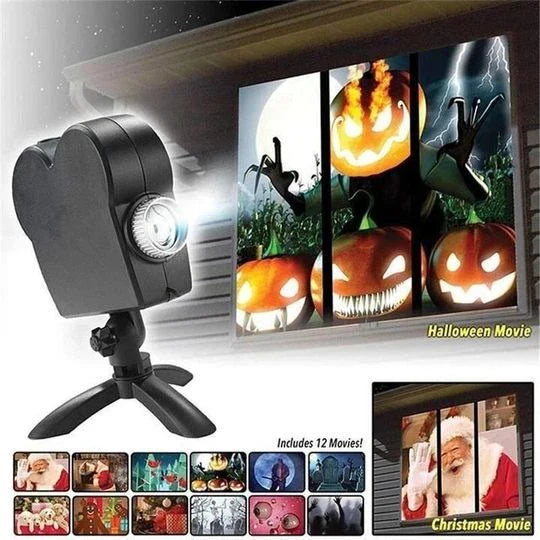 Christmas and Halloween holographic projection device with 12 holiday movies and built-in audio jack