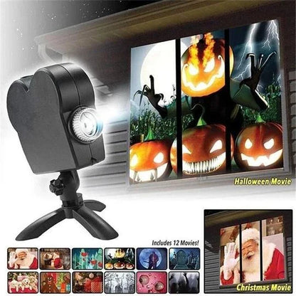Christmas and Halloween holographic projection device with 12 holiday movies and built-in audio jack