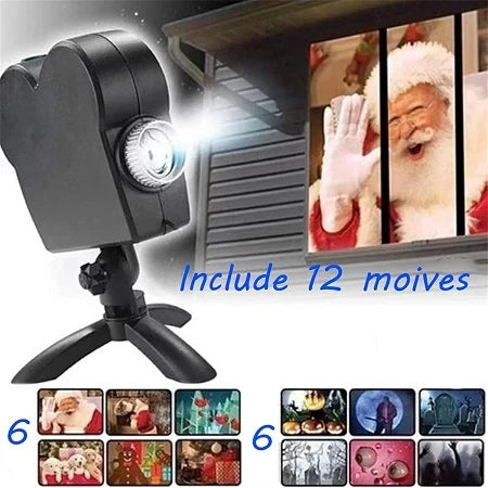 Christmas and Halloween holographic projection device with 12 holiday movies and built-in audio jack