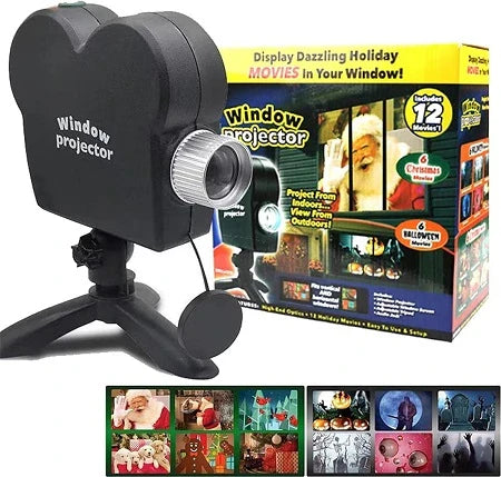 Christmas and Halloween holographic projection device with 12 holiday movies and built-in audio jack