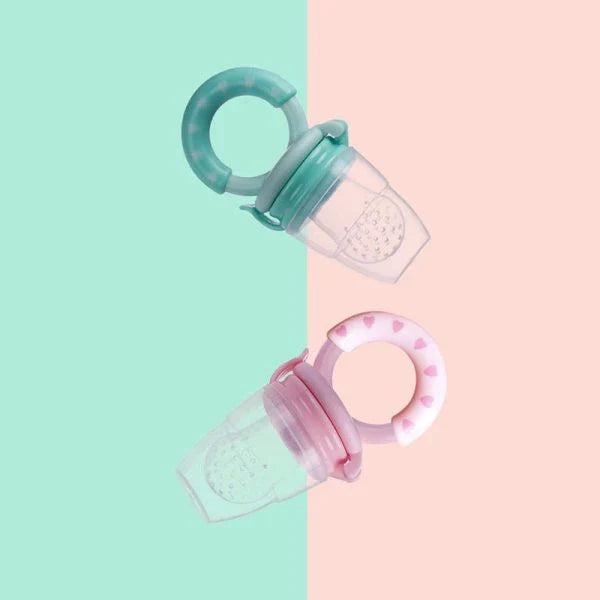 A blue, silicone baby pacifier with a built-in food feeder for safely introducing fruits and vegetables to infants
