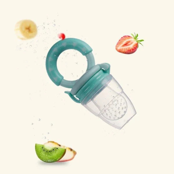 A blue, silicone baby pacifier with a built-in food feeder for safely introducing fruits and vegetables to infants