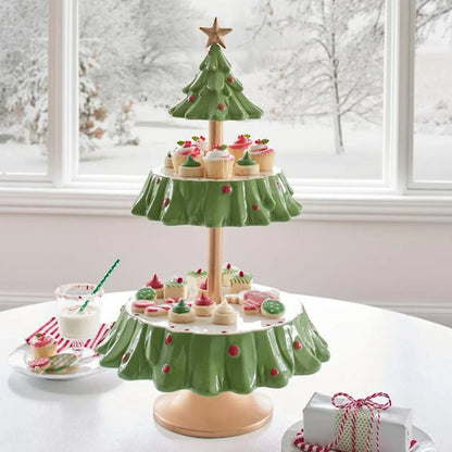 A two-tier Christmas tree-shaped dessert stand made of high-quality materials, perfect for displaying a variety of holiday treats.