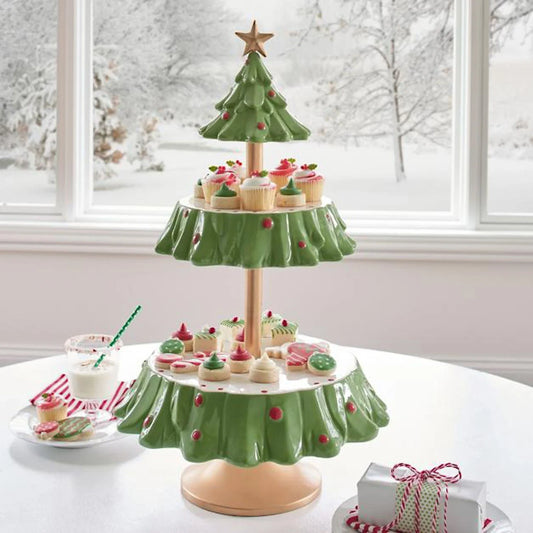 A two-tier Christmas tree-shaped dessert stand made of high-quality materials, perfect for displaying a variety of holiday treats.