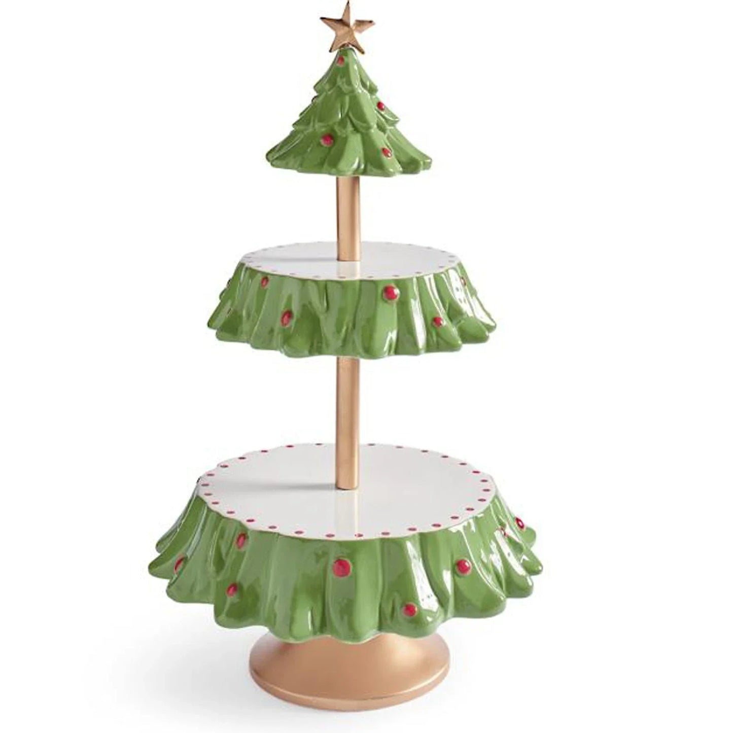 A two-tier Christmas tree-shaped dessert stand made of high-quality materials, perfect for displaying a variety of holiday treats.