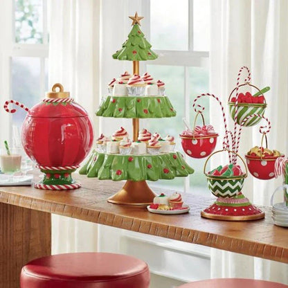 A two-tier Christmas tree-shaped dessert stand made of high-quality materials, perfect for displaying a variety of holiday treats.