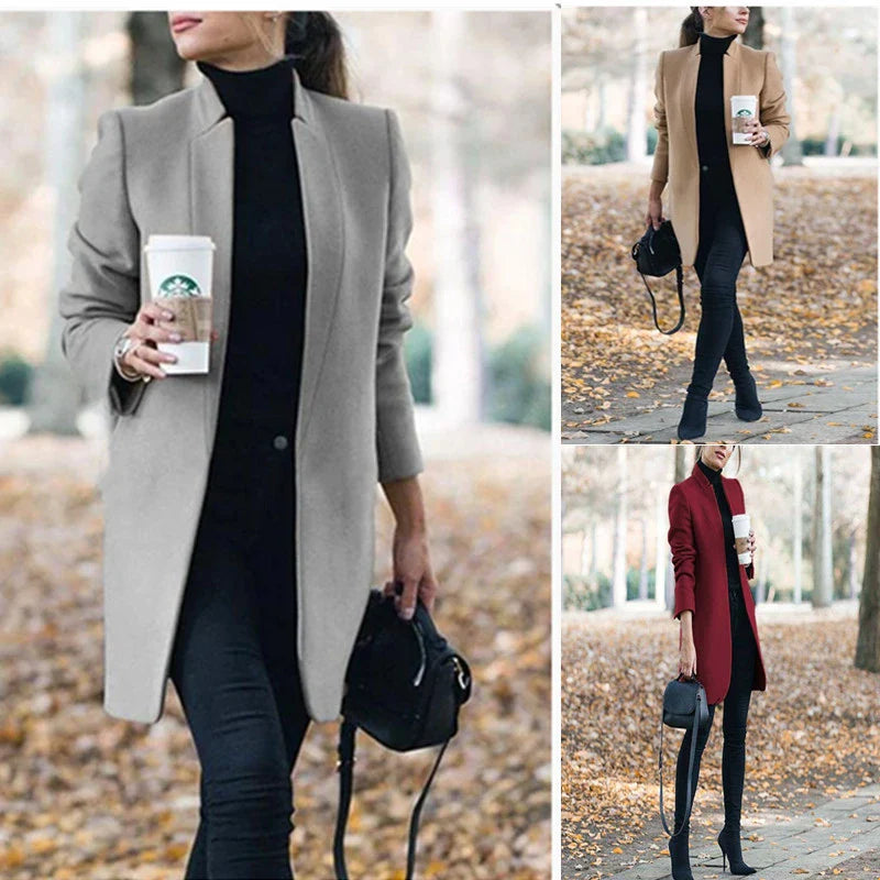 Fashionable solid color woolen coat with a stand collar, designed for warmth and style during the winter season.