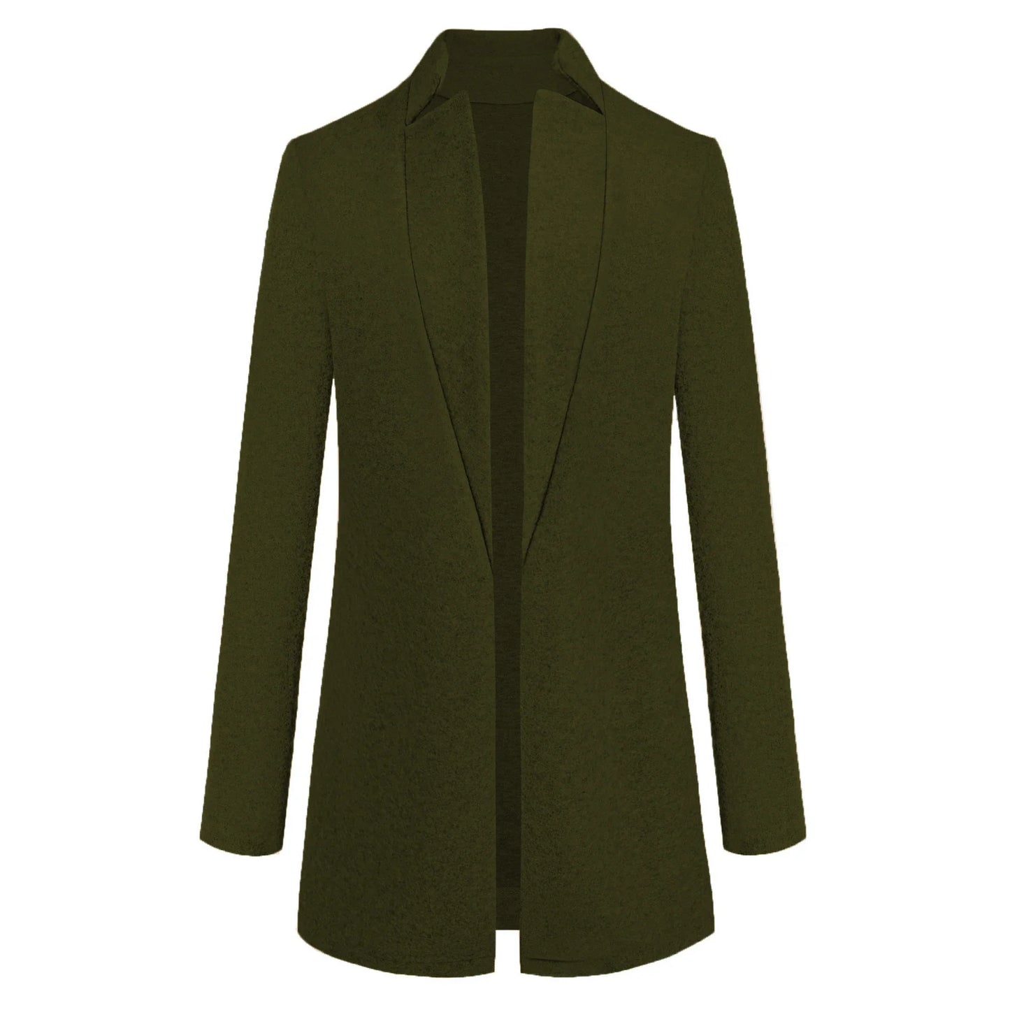 Fashionable solid color woolen coat with a stand collar, designed for warmth and style during the winter season.