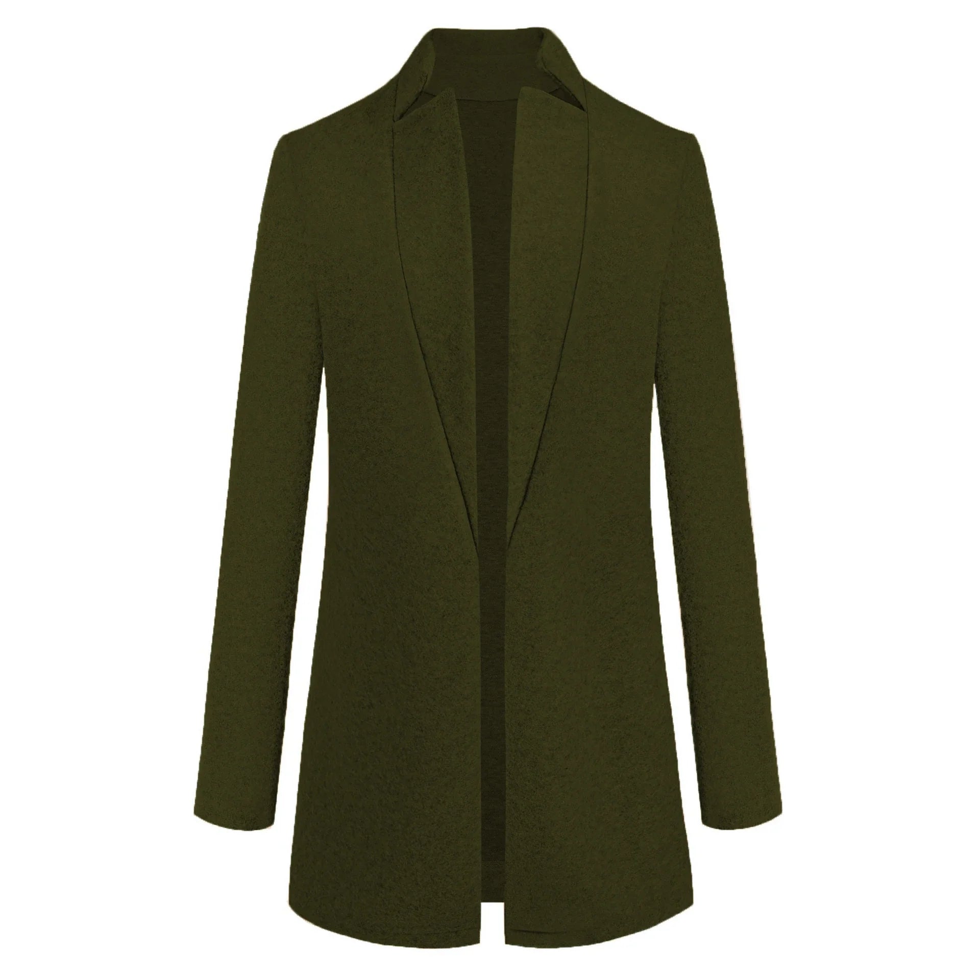 Fashionable solid color woolen coat with a stand collar, designed for warmth and style during the winter season.