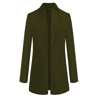 Fashionable solid color woolen coat with a stand collar, designed for warmth and style during the winter season.