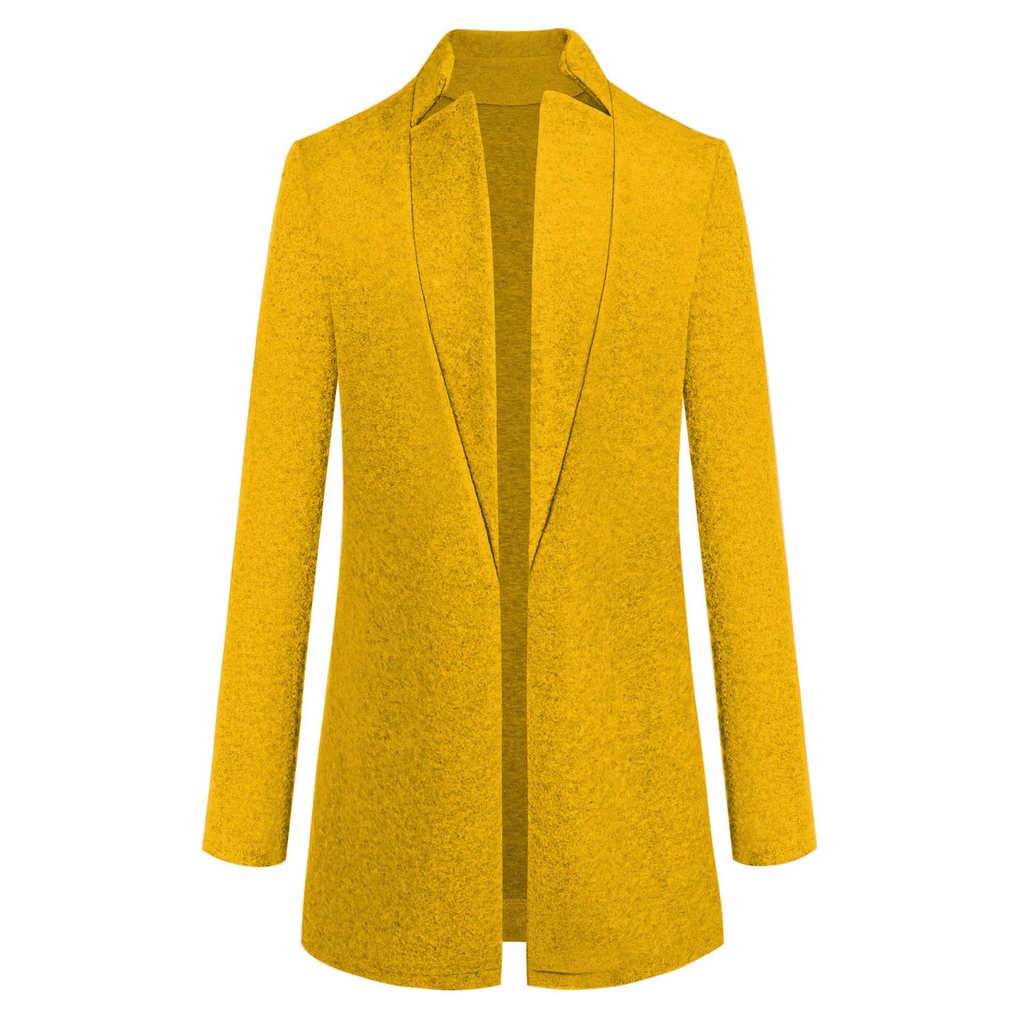 Fashionable solid color woolen coat with a stand collar, designed for warmth and style during the winter season.