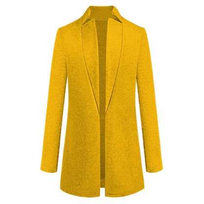 Fashionable solid color woolen coat with a stand collar, designed for warmth and style during the winter season.