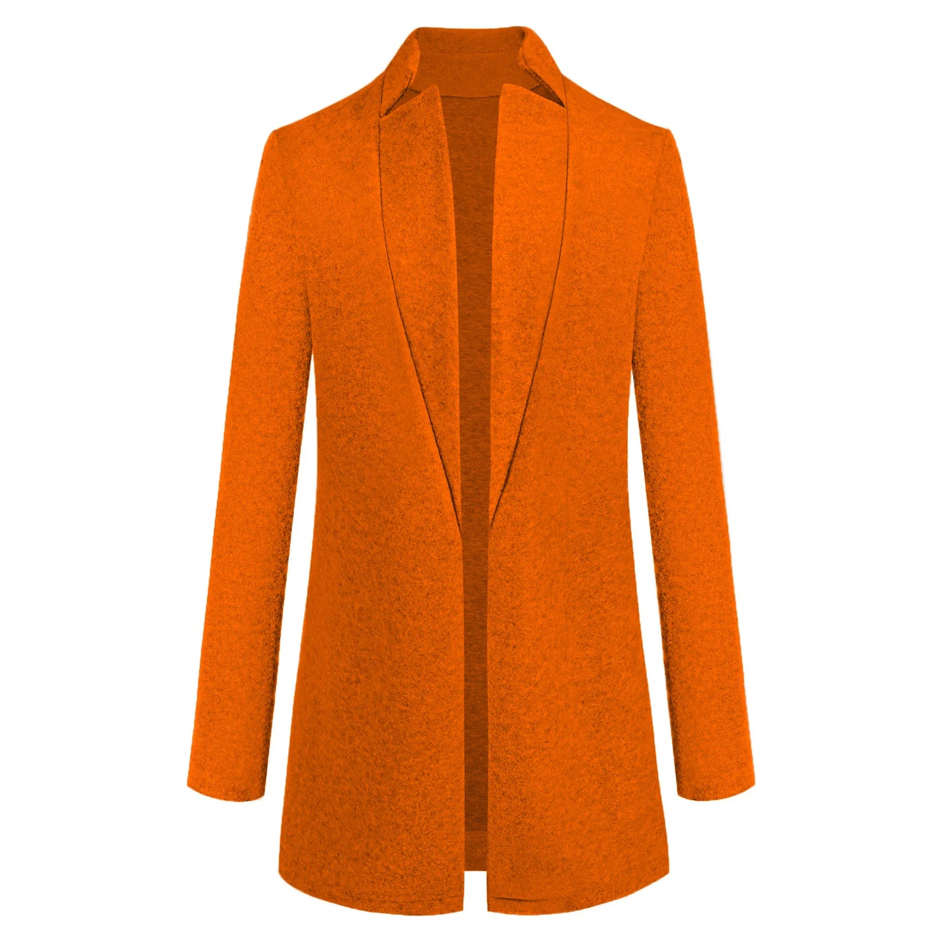 Fashionable solid color woolen coat with a stand collar, designed for warmth and style during the winter season.
