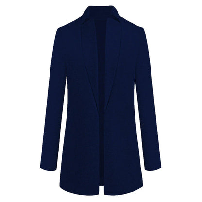 Fashionable solid color woolen coat with a stand collar, designed for warmth and style during the winter season.