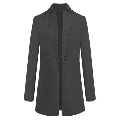 Fashionable solid color woolen coat with a stand collar, designed for warmth and style during the winter season.