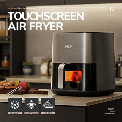 Family-sized air fryer with intuitive touch controls, nonstick basket, and visible window for monitoring cooking progress