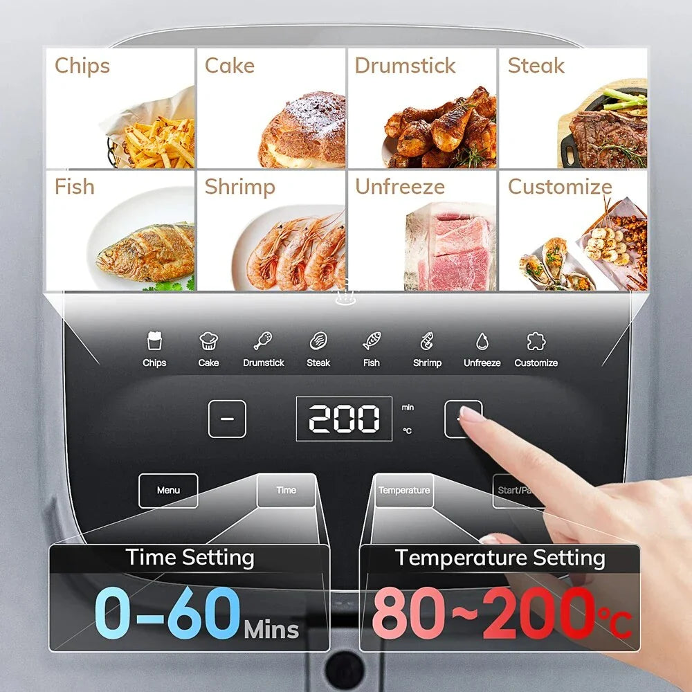 Family-sized air fryer with intuitive touch controls, nonstick basket, and visible window for monitoring cooking progress