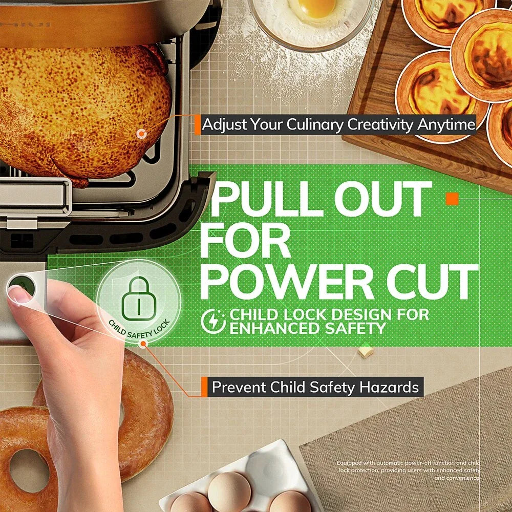 Family-sized air fryer with intuitive touch controls, nonstick basket, and visible window for monitoring cooking progress