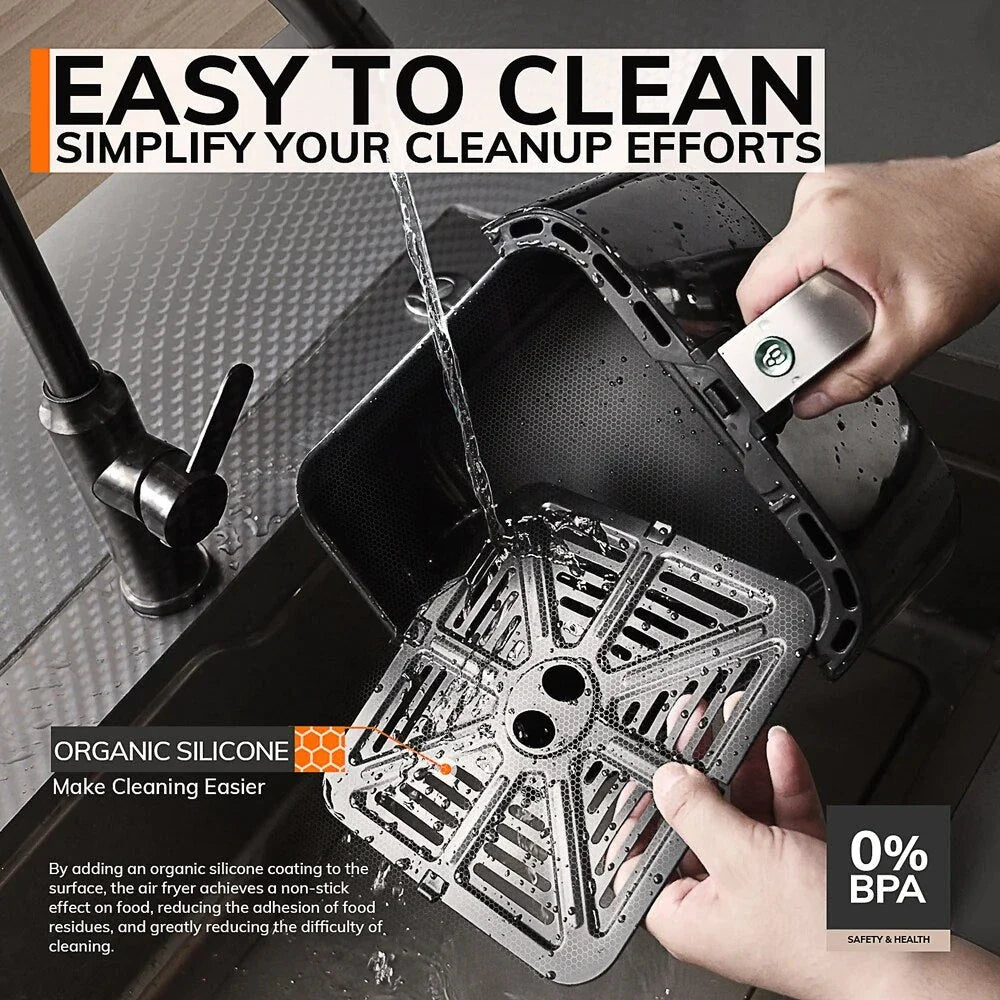 Family-sized air fryer with intuitive touch controls, nonstick basket, and visible window for monitoring cooking progress