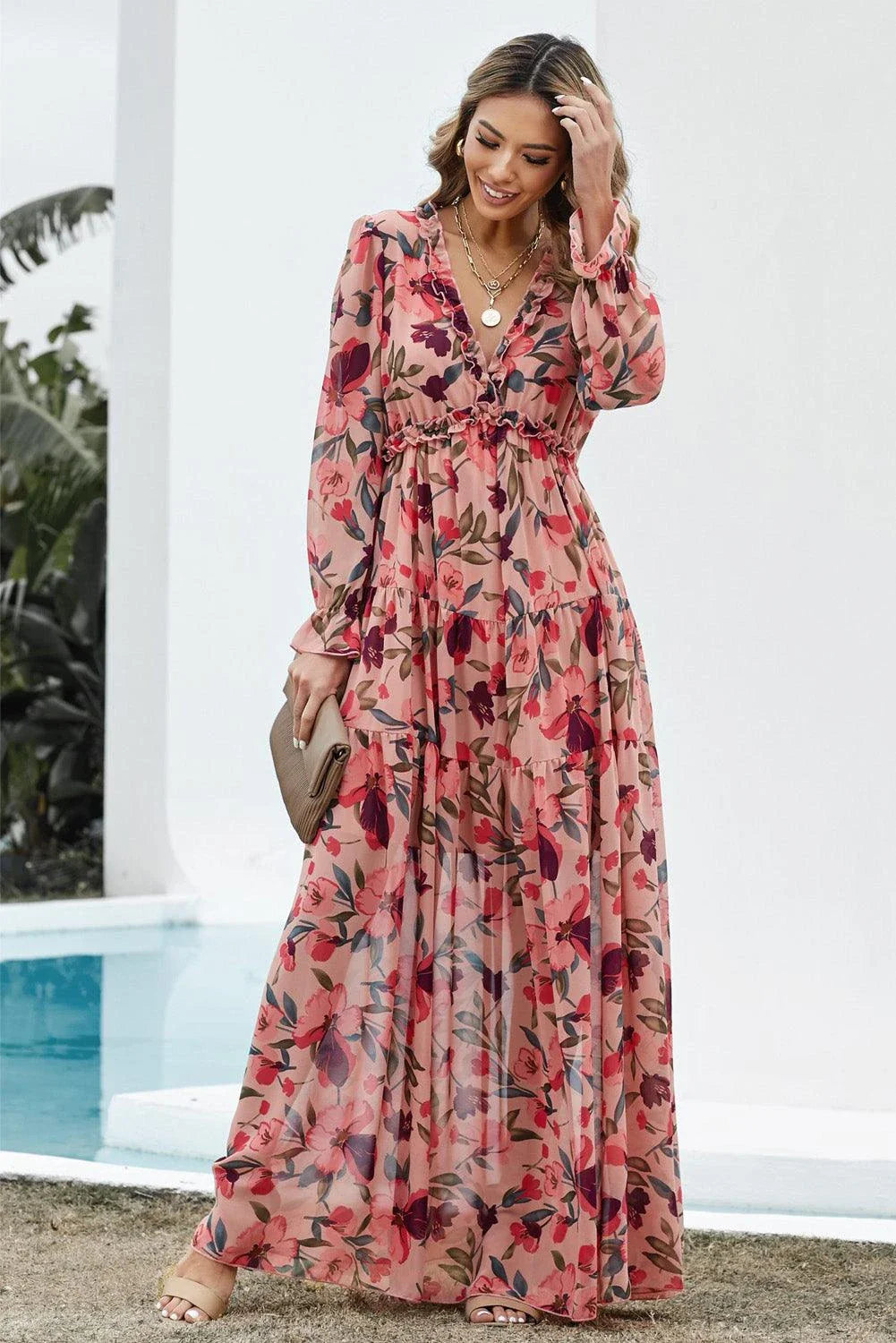 Floral Frill Trim Flounce Sleeve Plunge Maxi Dress in Floral pattern