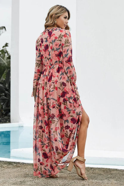 Floral Frill Trim Flounce Sleeve Plunge Maxi Dress in Floral pattern