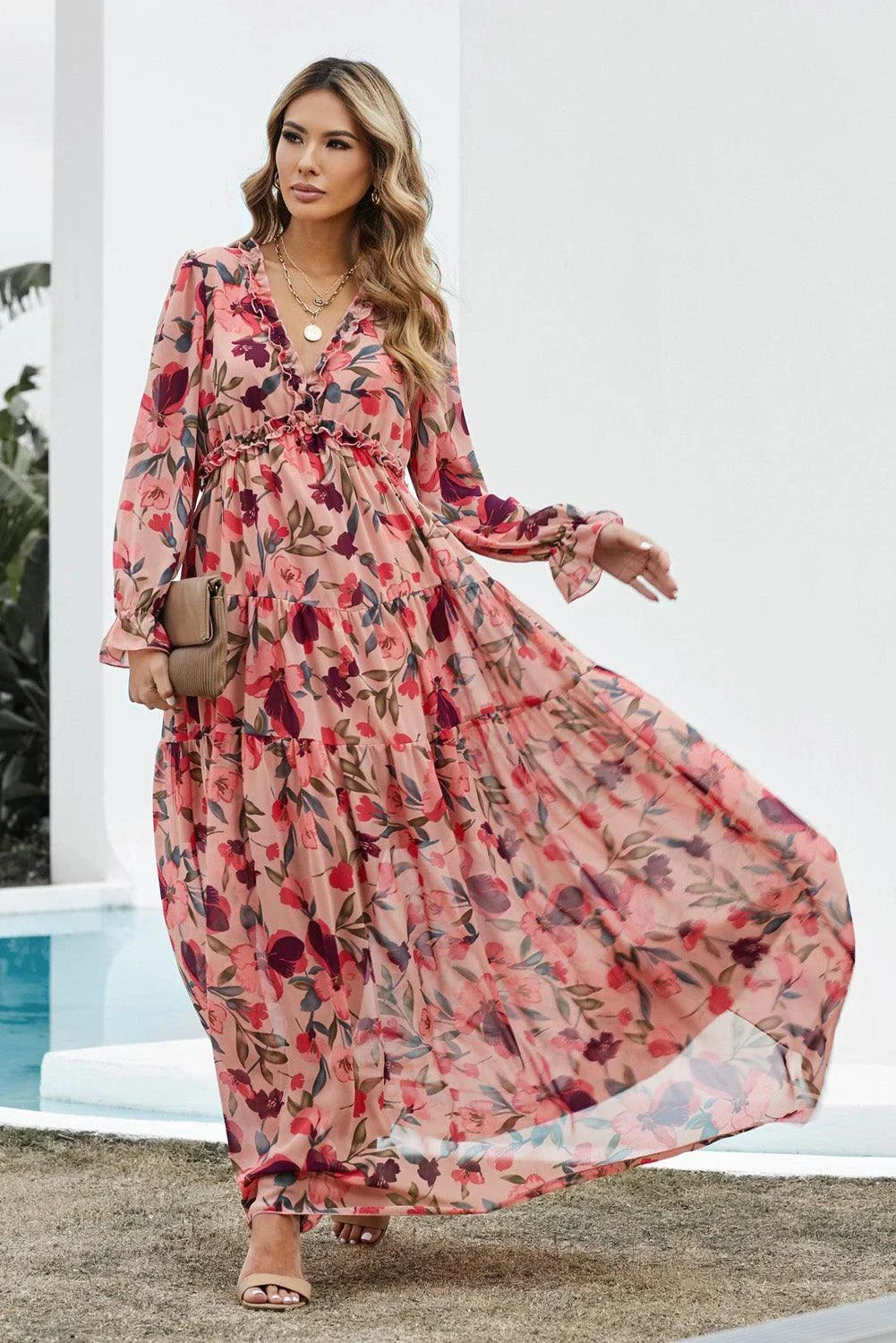 Floral Frill Trim Flounce Sleeve Plunge Maxi Dress in Floral pattern