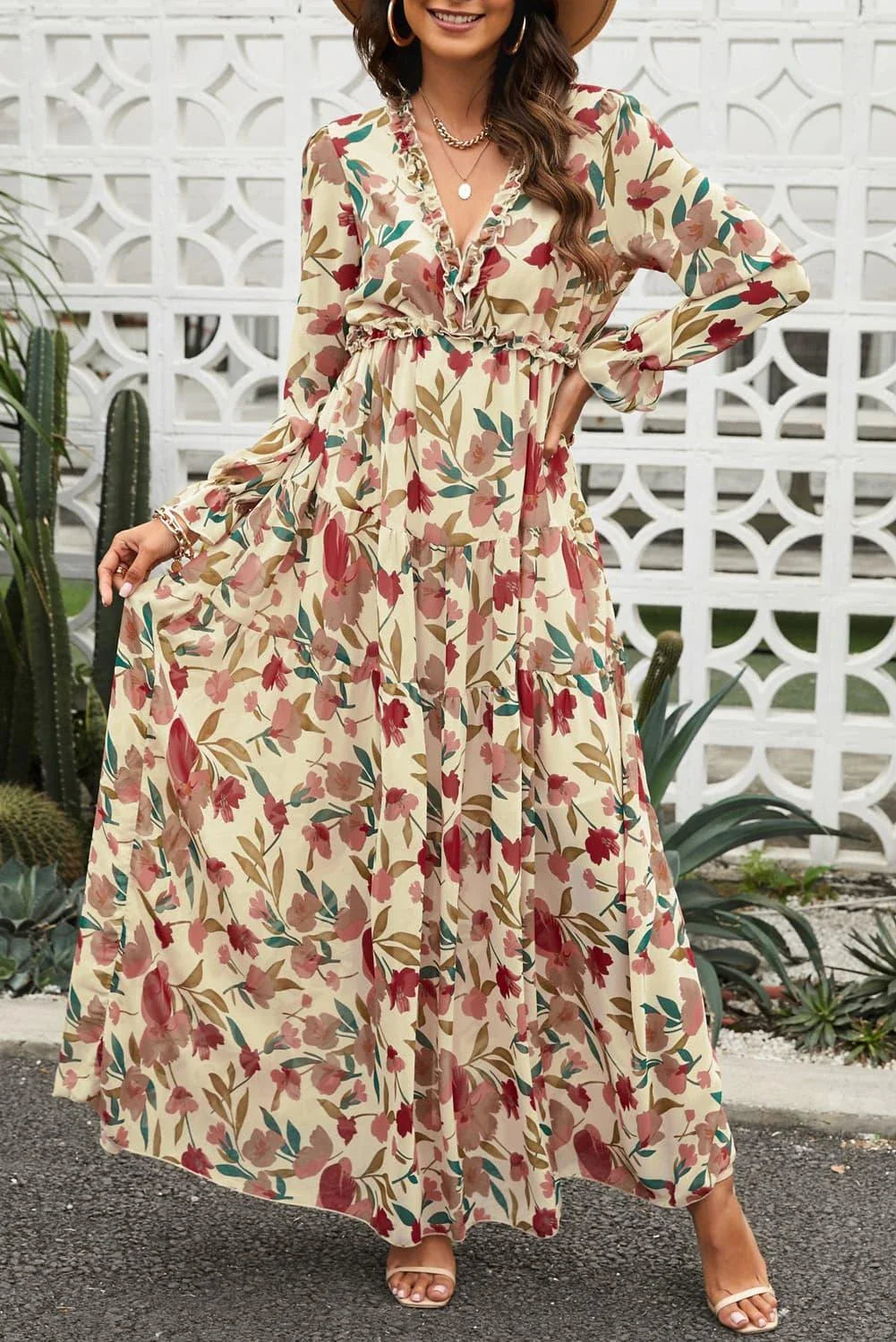 Floral Frill Trim Flounce Sleeve Plunge Maxi Dress in Floral pattern