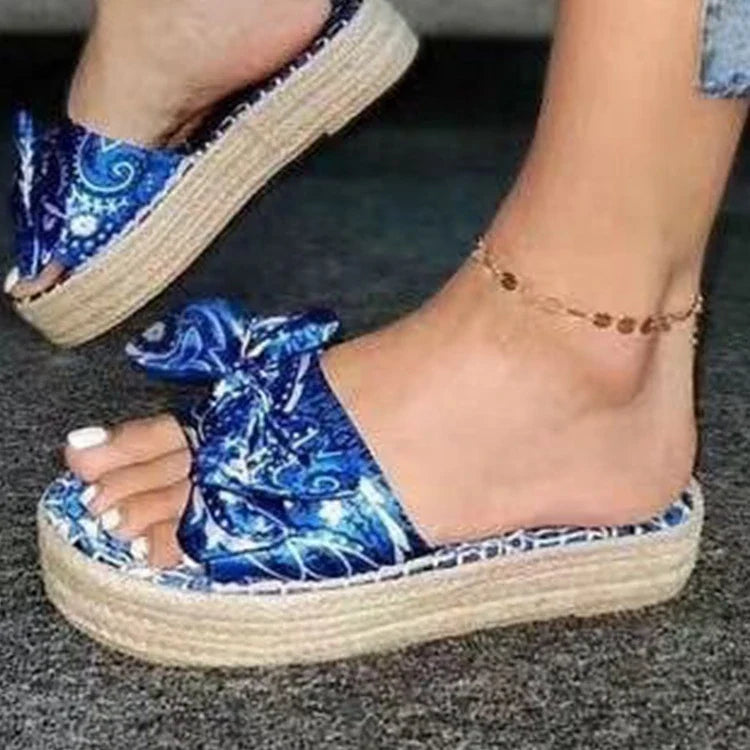 Hhomeenjoy Hemp Straw Bow Slippers - Satin Vintage Beach Sandals