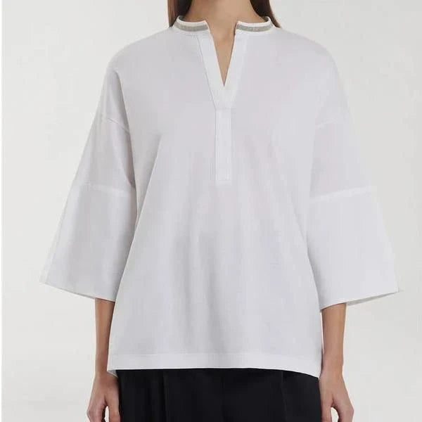 A white t-shirt with a bead chain detail around the neckline and a split hem design, perfect for summer