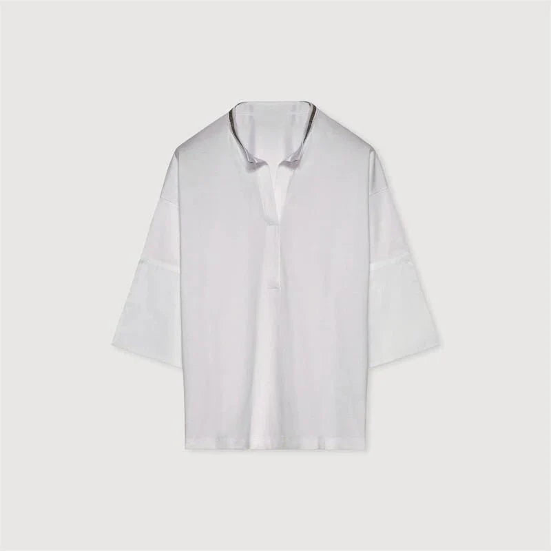 A white t-shirt with a bead chain detail around the neckline and a split hem design, perfect for summer