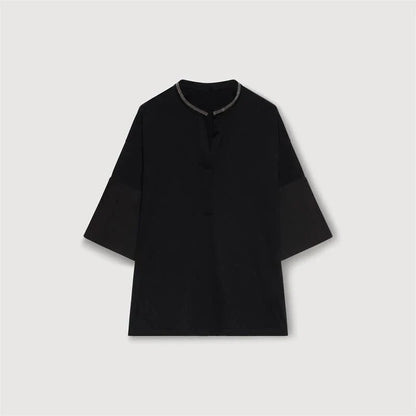 A white t-shirt with a bead chain detail around the neckline and a split hem design, perfect for summer