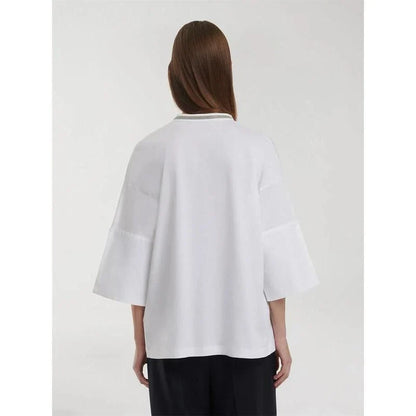 A white t-shirt with a bead chain detail around the neckline and a split hem design, perfect for summer