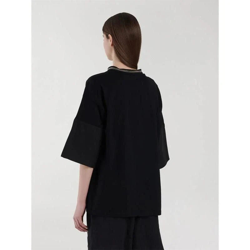 A white t-shirt with a bead chain detail around the neckline and a split hem design, perfect for summer