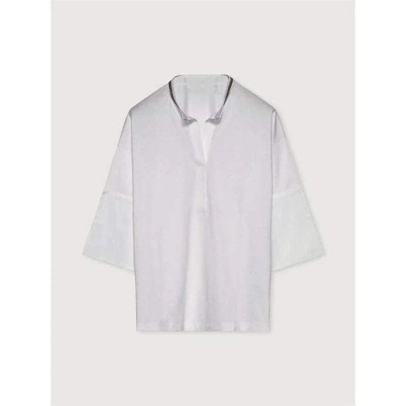 A white t-shirt with a bead chain detail around the neckline and a split hem design, perfect for summer