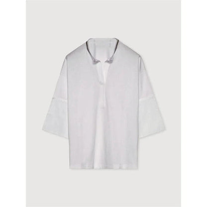 A white t-shirt with a bead chain detail around the neckline and a split hem design, perfect for summer