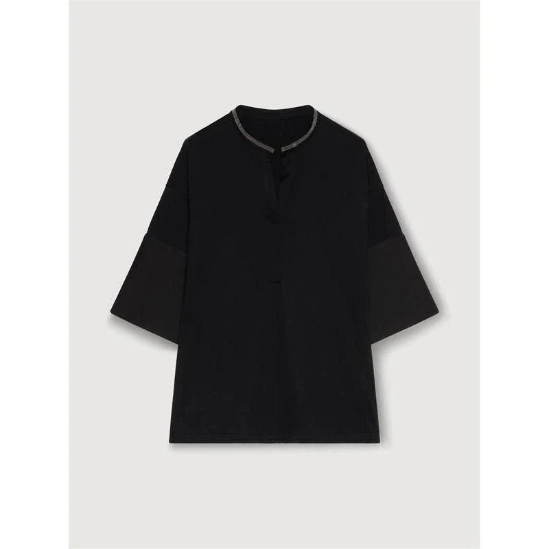 A white t-shirt with a bead chain detail around the neckline and a split hem design, perfect for summer