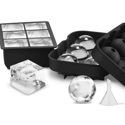 A silicone ice cube maker with 6 grid slots to produce large, round and square ice cubes for chilling whiskey, cocktails, and other beverages.