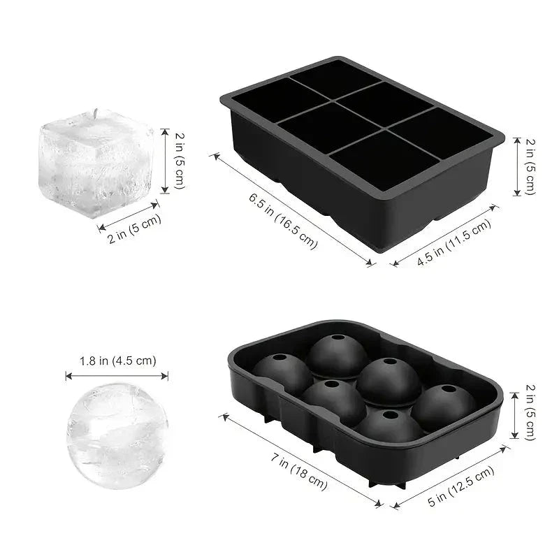 A silicone ice cube maker with 6 grid slots to produce large, round and square ice cubes for chilling whiskey, cocktails, and other beverages.