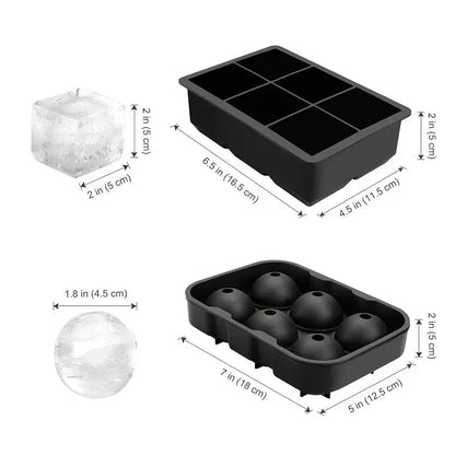 A silicone ice cube maker with 6 grid slots to produce large, round and square ice cubes for chilling whiskey, cocktails, and other beverages.