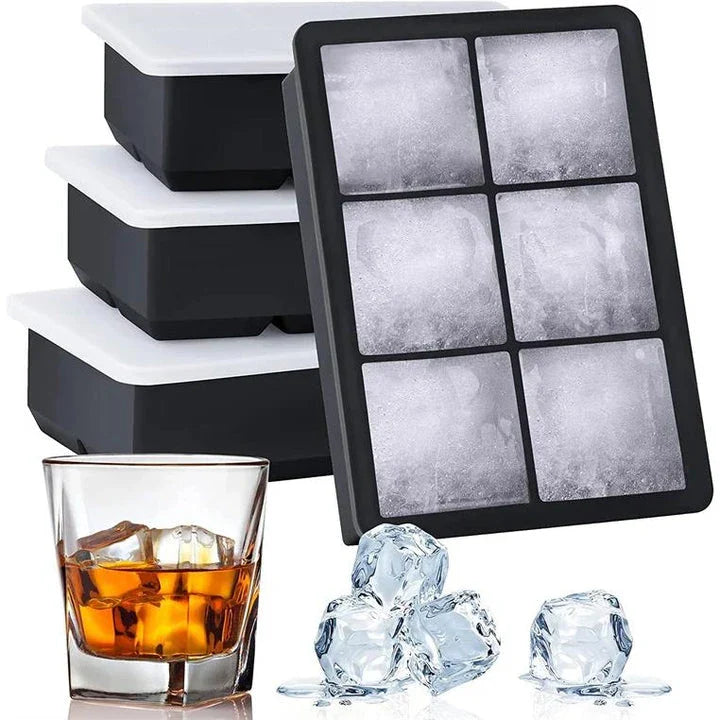 A silicone ice cube maker with 6 grid slots to produce large, round and square ice cubes for chilling whiskey, cocktails, and other beverages.