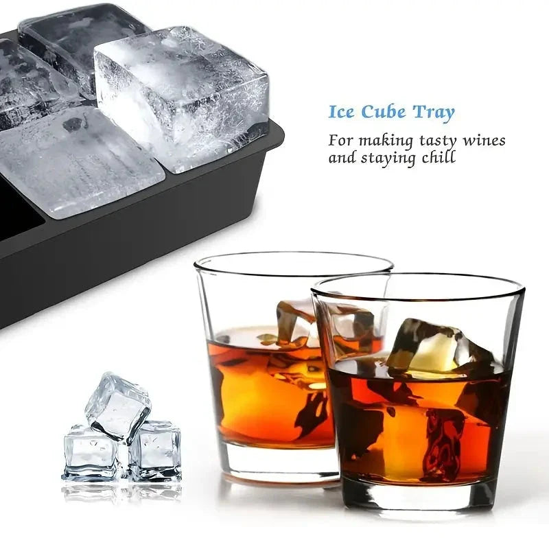 A silicone ice cube maker with 6 grid slots to produce large, round and square ice cubes for chilling whiskey, cocktails, and other beverages.