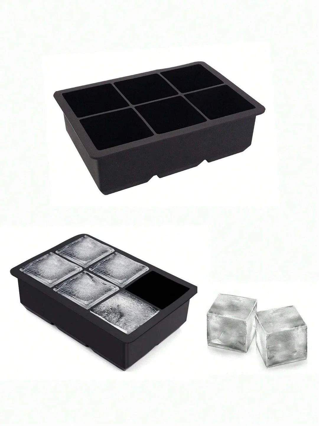 A silicone ice cube maker with 6 grid slots to produce large, round and square ice cubes for chilling whiskey, cocktails, and other beverages.