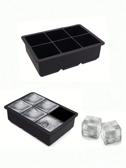 A silicone ice cube maker with 6 grid slots to produce large, round and square ice cubes for chilling whiskey, cocktails, and other beverages.