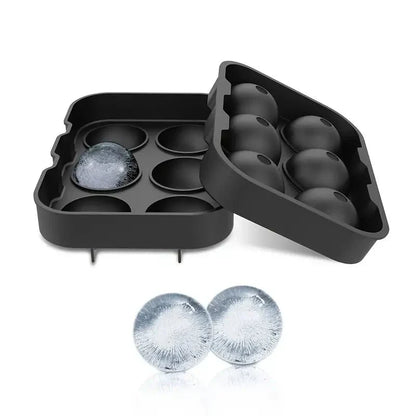 A silicone ice cube maker with 6 grid slots to produce large, round and square ice cubes for chilling whiskey, cocktails, and other beverages.
