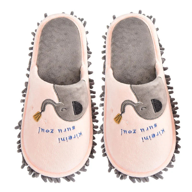 Detachable and Washable Four Seasons Home Mopping Slippers in various colors, including pink lamb, pink baby elephant, gray white bear, navy blue cat, dark brown bear, and light brown cat